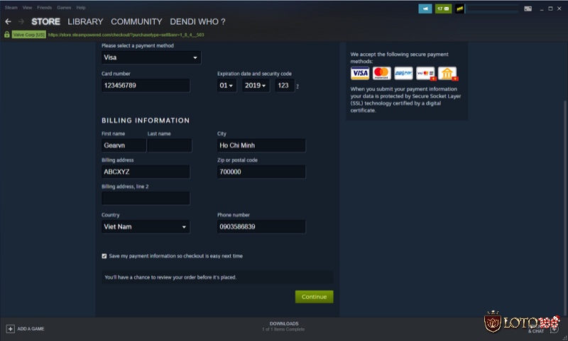 Chọn phương thức thanh toán phù hợp, Steam sẽ tự động sử dụng số dư trong Steam Wallet nếu có, hoặc đề xuất phương thức khác khi cần thiết