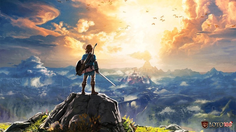 Link đứng trên đỉnh núi nhìn ra thế giới mở rộng lớn trong The Legend of Zelda: Breath of the Wild