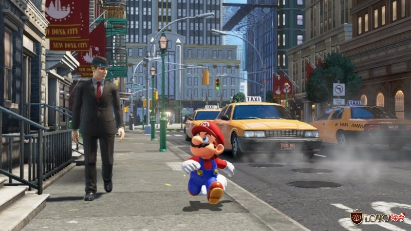 Mario đội mũ Cappy đang nhảy giữa các tòa nhà ở thành phố New Donk City