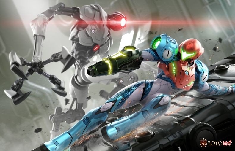 Samus Aran đối đầu với robot E.M.M.I trong hành lang u ám – hình ảnh căng thẳng đặc trưng của Metroid Dread