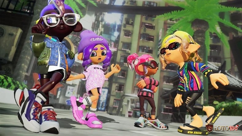 Các Inkling đang phun mực trên chiến trường thành phố đầy sắc màu từ Splatoon 3
