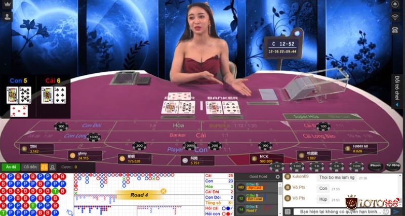 Giao diện chơi baccarat trực tuyến với dealer thật đang chia bài, tạo cảm giác chân thực và tương tác trực tiếp.