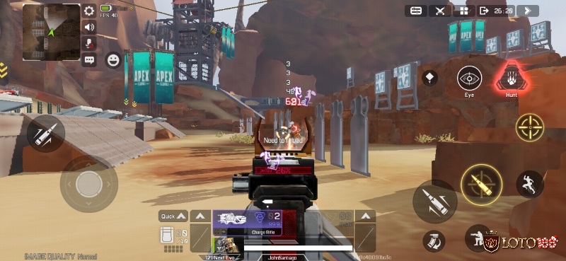 Cảnh chiến đấu tốc độ cao trong Apex Legends Mobile 2.0 với giao diện điều khiển tối ưu.