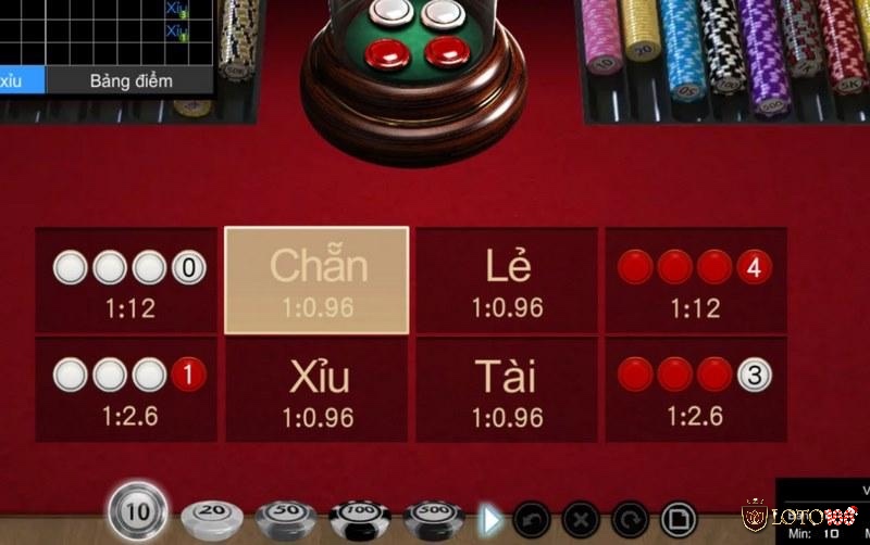 Bảng cược trong trò chơi tài xỉu với nhiều lựa chọn như tài, xỉu, chẵn, lẻ, tam hoa và tổng điểm cụ thể.