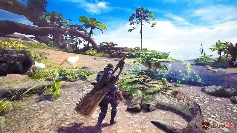Khung cảnh thế giới mở chân thực của Monster Hunter: World với hiệu ứng ánh sáng và môi trường sinh động.